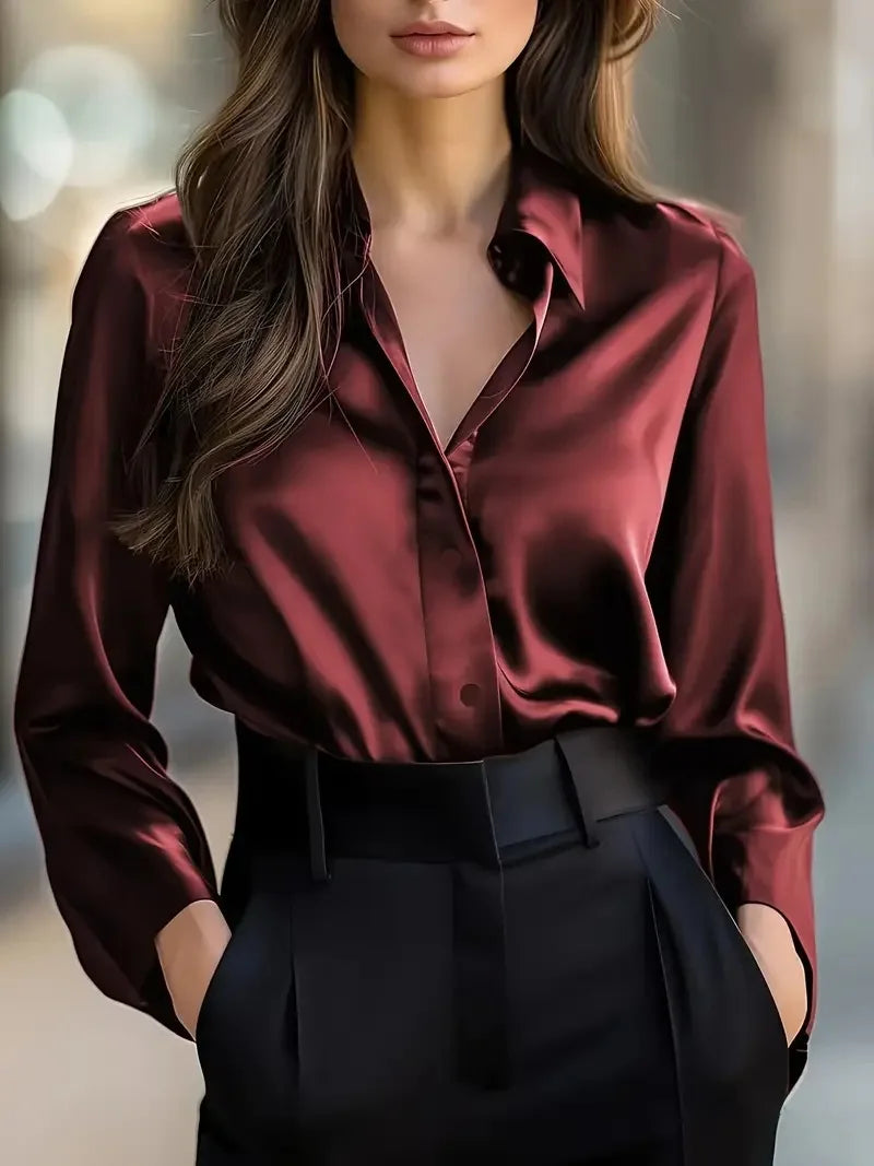 2025 Spring and Autumn Women's Lapel Shirt Brown Button Cardigan Top Black Elegant Fashion Office Basic Blouses for Female 