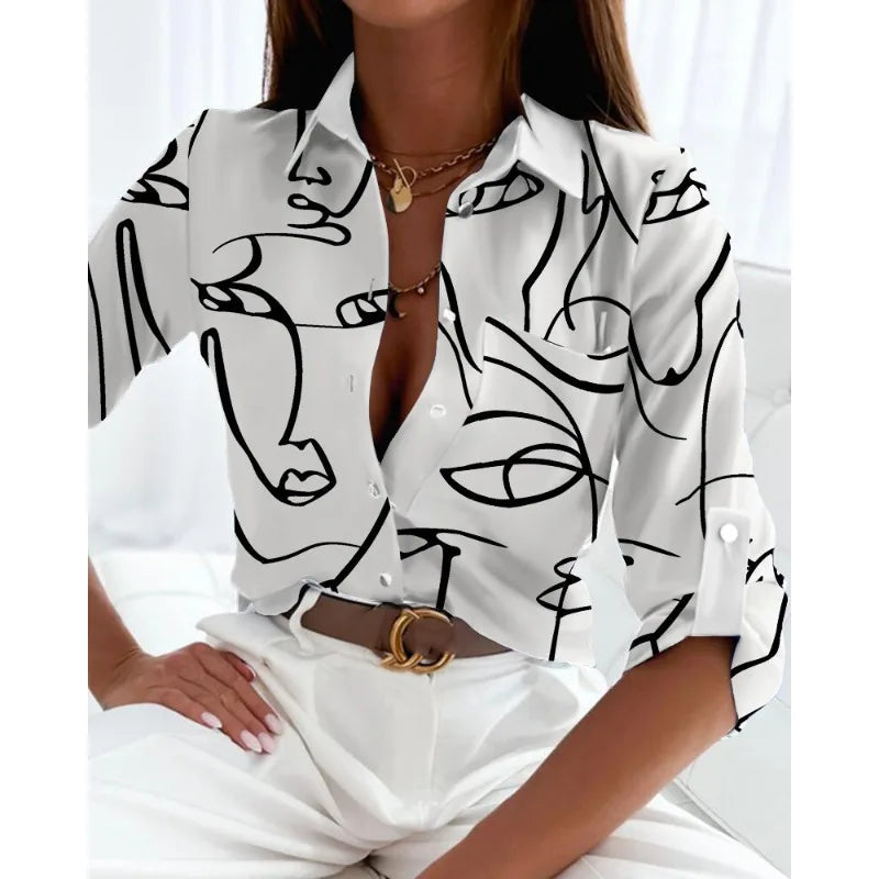 Spring/Summer Women's Commuter Long Sleeved Shirt Fashion Printed Lapel Holiday Casual Shirt Elegant Women's Shirt 