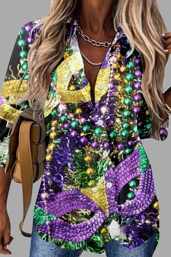 🎭 Mardi Gras Women's V-Neck Long Sleeve Carnival Print Shirt FitiqueFit