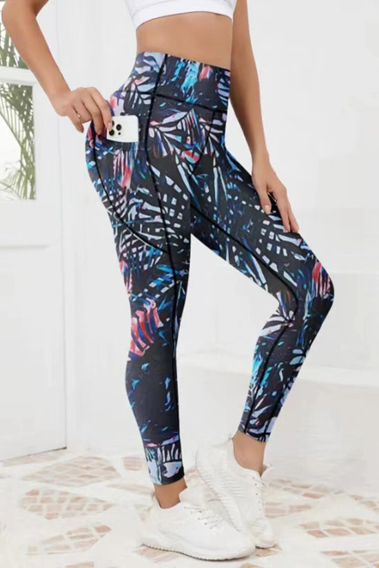 Printed women's high waistband pocket fitness pants paired with tight abdominal yoga pants, suitable for running, hiking, and sp 