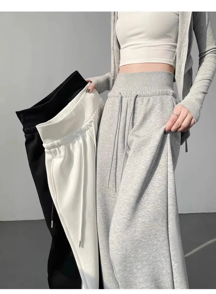 Women's gray sports high waist hanging loose slimming straight leg wide leg pants American sweatpants. 