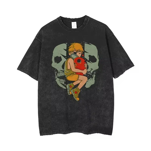 🪚 Chainsaw Man Acid-Washed Vintage Graphic T-Shirt – Harajuku Streetwear FitiqueFit