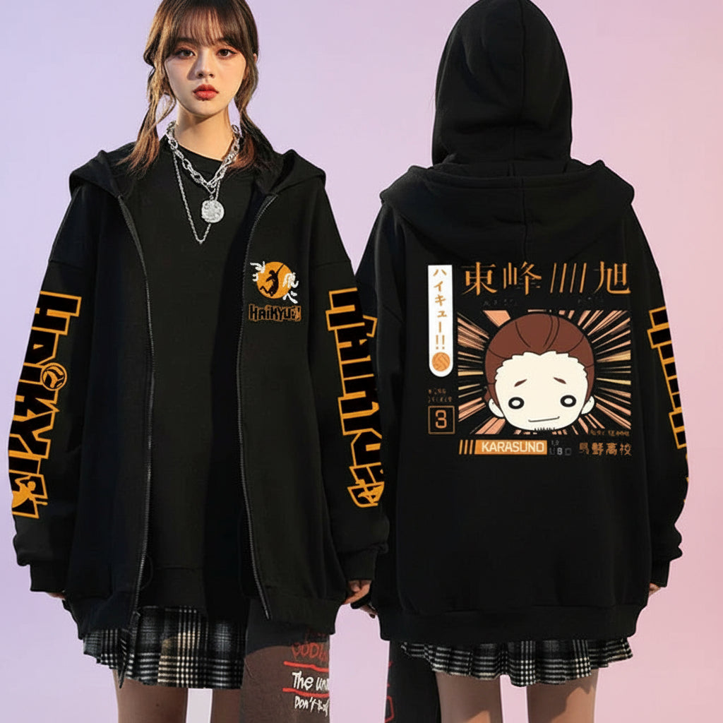 🏐 Haikyuu!! Karasuno High School Zip-Up Hoodie – Unisex Anime Streetwear FitiqueFit