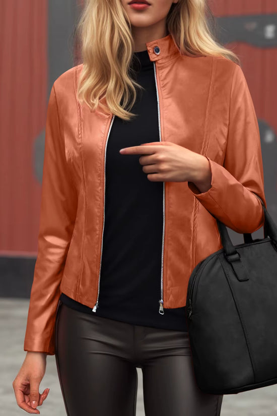 Faux Leather Jacket Women 2025 Autumn Spring Women's Moto Biker Jacket Stand Collar Zipper Solid Pu Slim Fit Street Leather Coat FitiqueFit