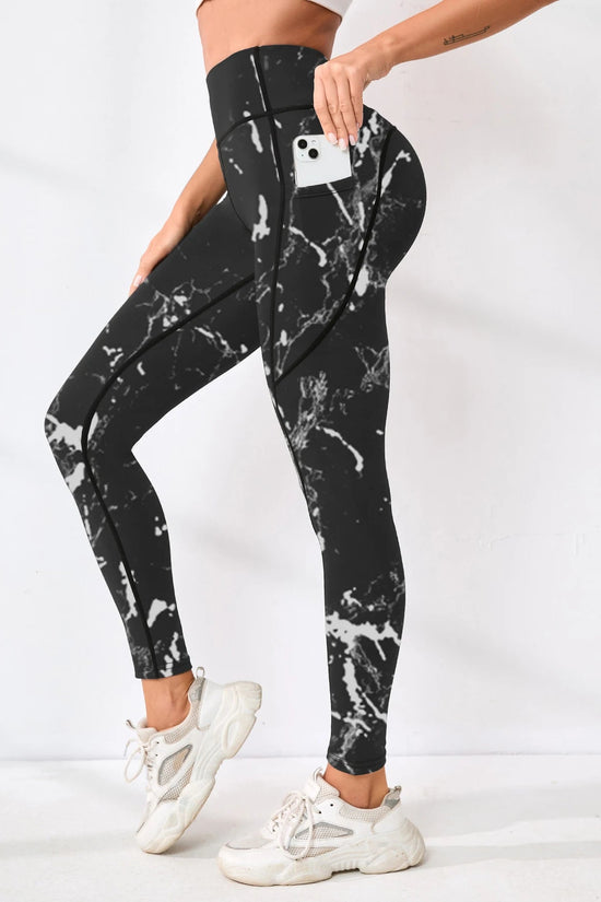 Printed women's high waistband pocket fitness pants paired with tight abdominal yoga pants, suitable for running, hiking, and sp 