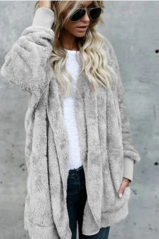 Autumn Winter Double Fleece Cardigan Jacket Women Solid Color Long Sleeve Plush Warm Hooded Lady Jacket Oversized Outerwear Coat 