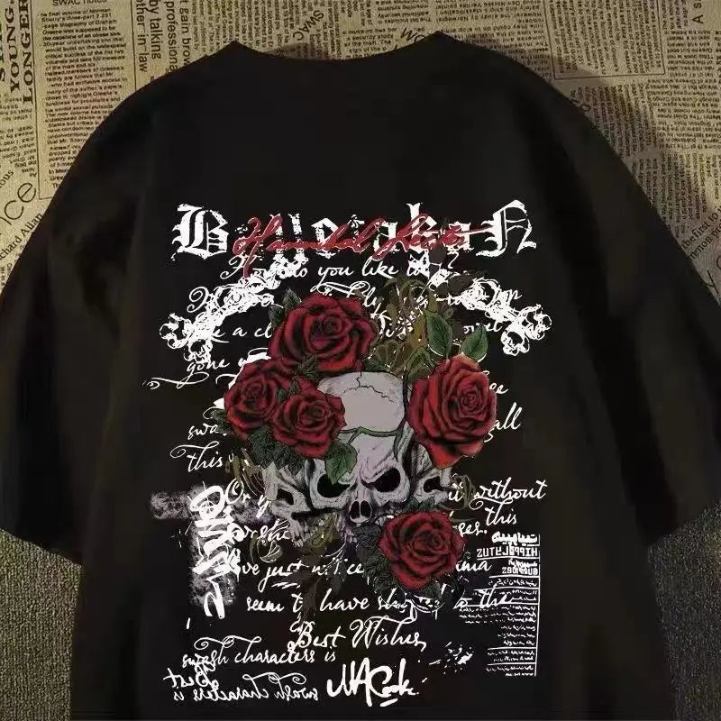 2025 New pure cotton American retro skull print T-shirt with round neck and short sleeve women summer European and American tops FitiqueFit