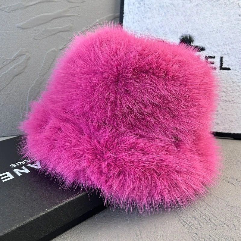 2025 Fluffy Faux Fur Bucket Hats Women Faux Fox Warm Thick Plush Winter Hat Lady Fashion Luxury Panama Furry Fisherman Cap Y2k 