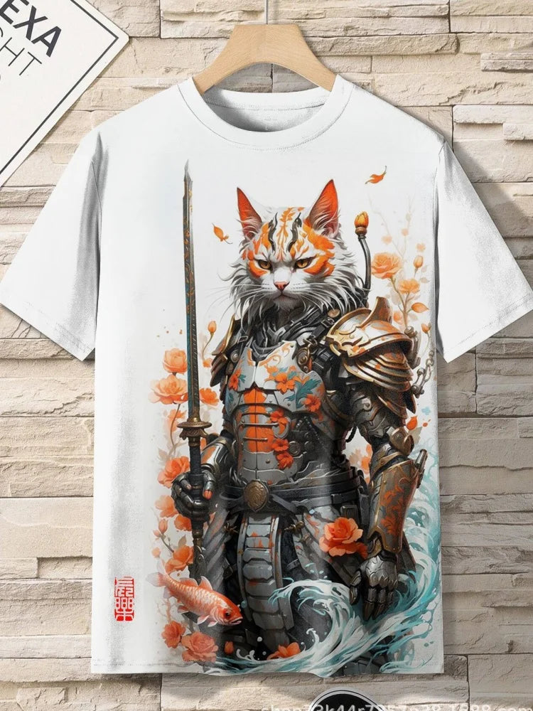 Samurai Cat Graphic T-Shirt – Japanese Style 3D Print Men's Tee FitiqueFit
