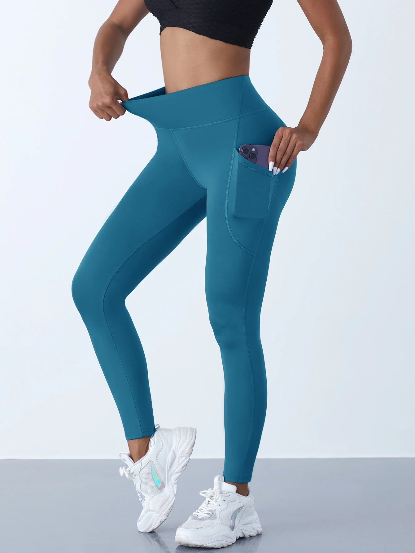 New High Waist Women's Leggings Stretch Yoga Pants Tights With Pockets Push Up Fitness Running Sportswear Solid Color Pants 