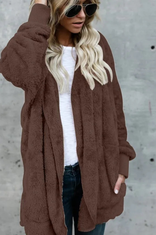 Autumn Winter Double Fleece Cardigan Jacket Women Solid Color Long Sleeve Plush Warm Hooded Lady Jacket Oversized Outerwear Coat 