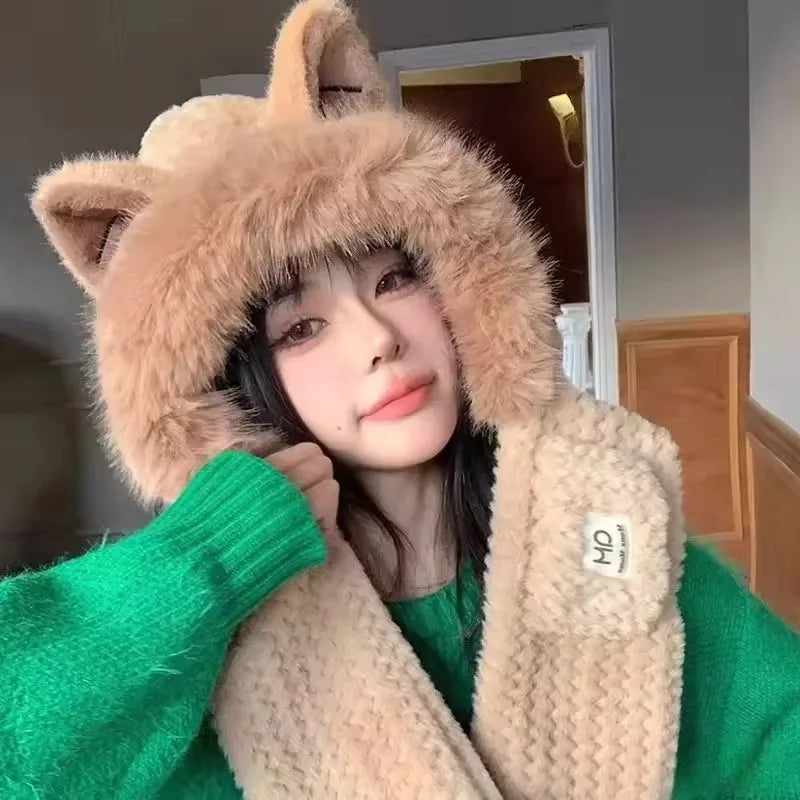 Korean Knitted Cute Fox Ear Design Integrated Bean Hat Women's Scarf Hat Warm Thick Ear Protection Photography Travel Party Gift 