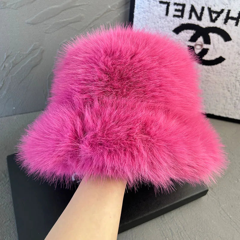 2025 Fluffy Faux Fur Bucket Hats Women Faux Fox Warm Thick Plush Winter Hat Lady Fashion Luxury Panama Furry Fisherman Cap Y2k 