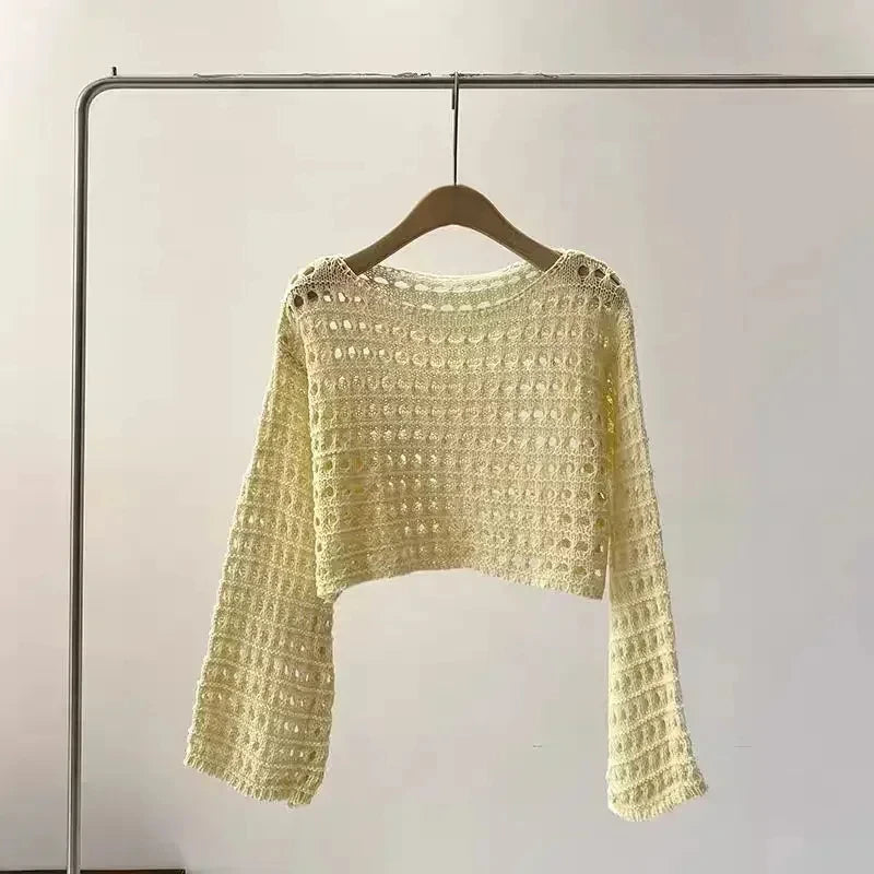 2024 Long Sleeve Crochet Knit Top Summer Beach Bikini Cover Up Crop Pullover Wool Knitwear Blouse Women Vacation Boho Outfit FitiqueFit