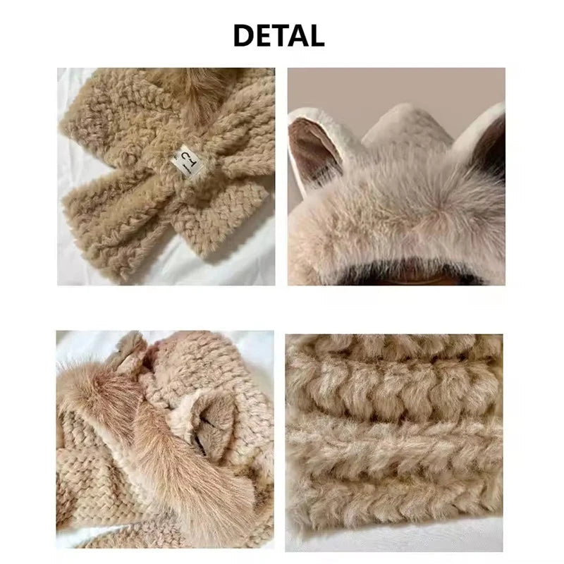 Korean Knitted Cute Fox Ear Design Integrated Bean Hat Women's Scarf Hat Warm Thick Ear Protection Photography Travel Party Gift 