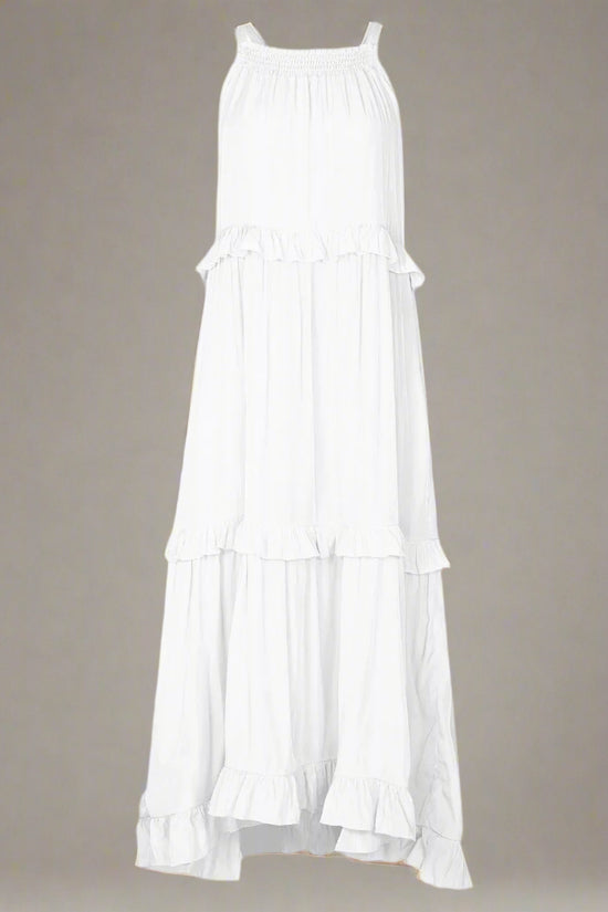 Elegant Women's Apricot Ruffle Edge Long Mop Floor Dresses Summer Fashion Hanging Neck Sleeveless Lace Cake Dress vestiods S-3XL FitiqueFit