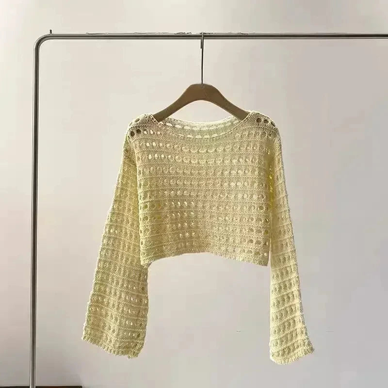 2024 Long Sleeve Crochet Knit Top Summer Beach Bikini Cover Up Crop Pullover Wool Knitwear Blouse Women Vacation Boho Outfit FitiqueFit