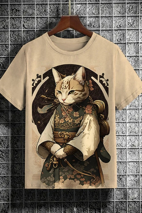 Samurai Cat Graphic T-Shirt – Japanese Style 3D Print Men's Tee FitiqueFit