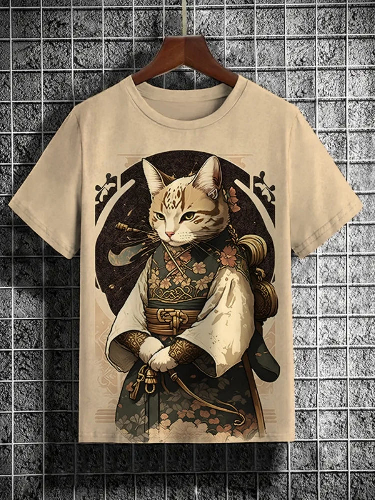 Samurai Cat Graphic T-Shirt – Japanese Style 3D Print Men's Tee FitiqueFit