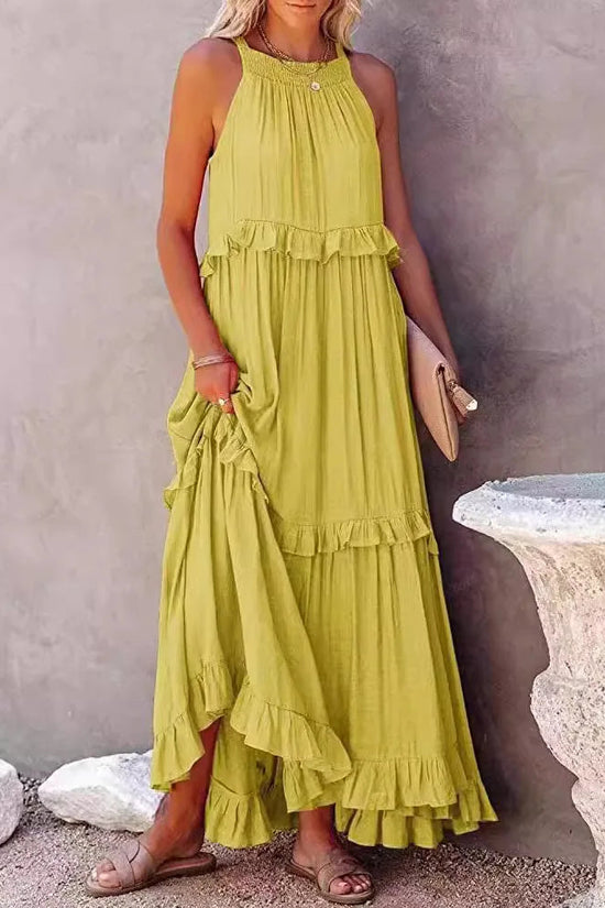 Elegant Women's Apricot Ruffle Edge Long Mop Floor Dresses Summer Fashion Hanging Neck Sleeveless Lace Cake Dress vestiods S-3XL FitiqueFit