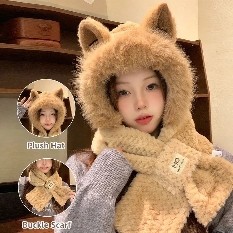 Korean Knitted Cute Fox Ear Design Integrated Bean Hat Women's Scarf Hat Warm Thick Ear Protection Photography Travel Party Gift 