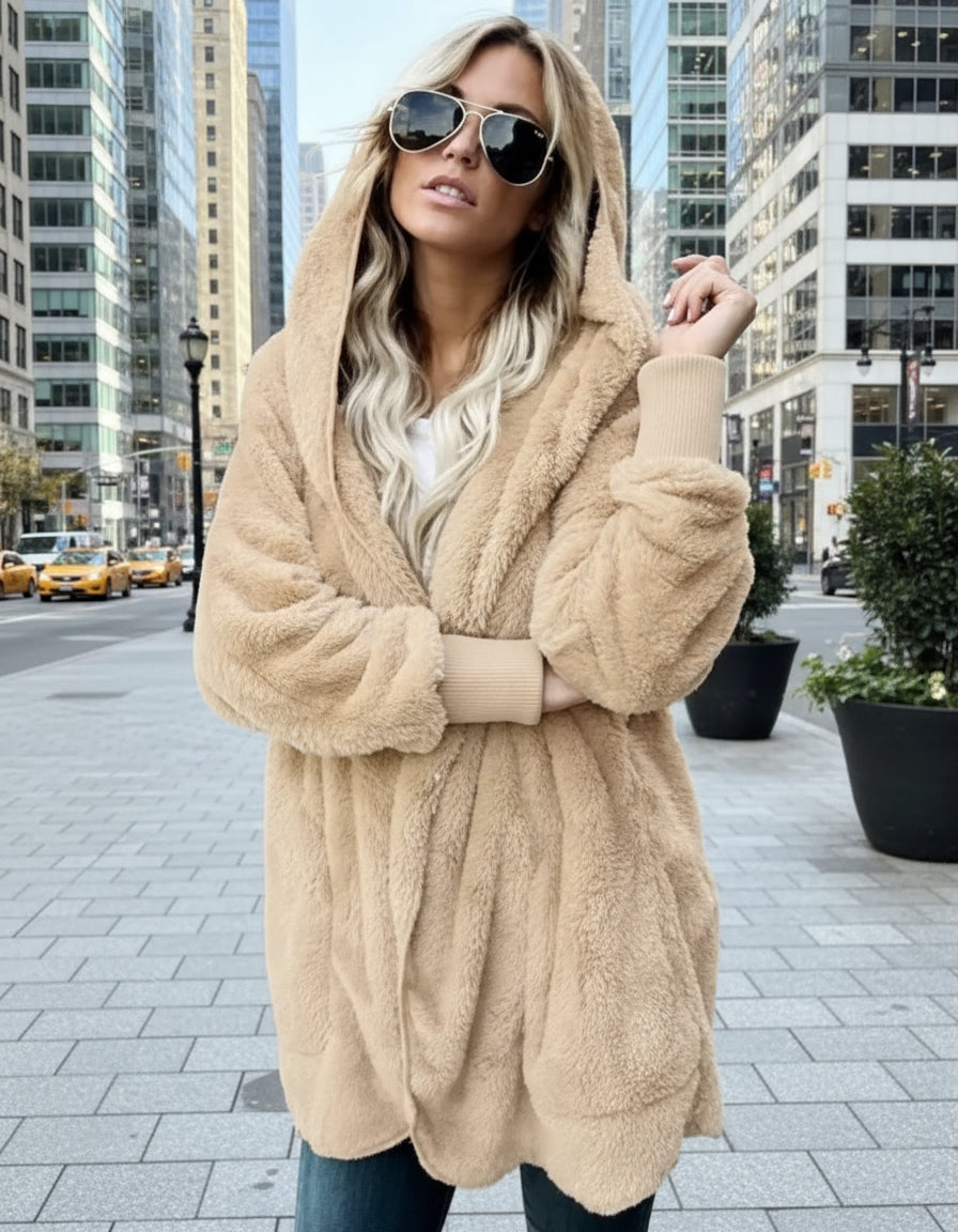 Autumn Winter Double Fleece Cardigan Jacket Women Solid Color Long Sleeve Plush Warm Hooded Lady Jacket Oversized Outerwear Coat 