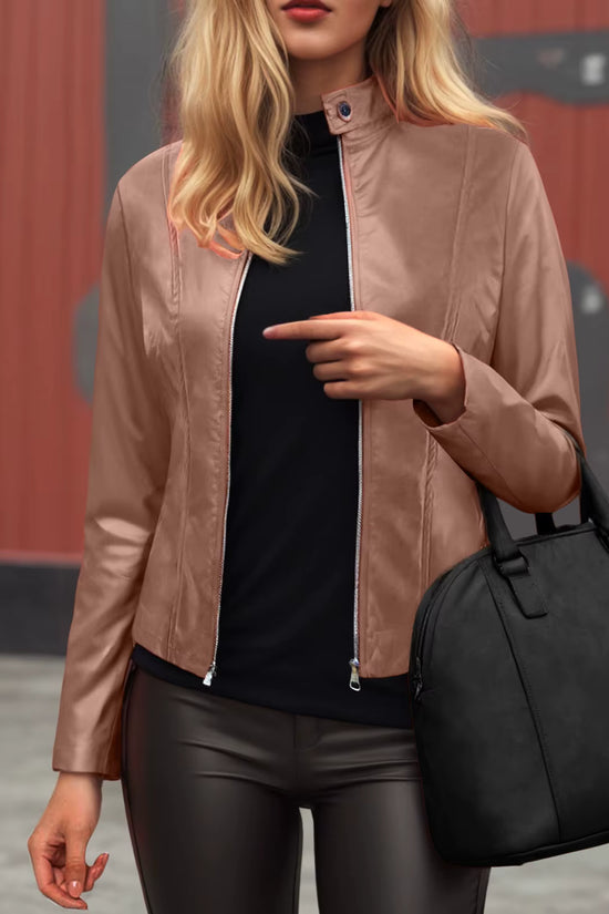 Faux Leather Jacket Women 2025 Autumn Spring Women's Moto Biker Jacket Stand Collar Zipper Solid Pu Slim Fit Street Leather Coat FitiqueFit