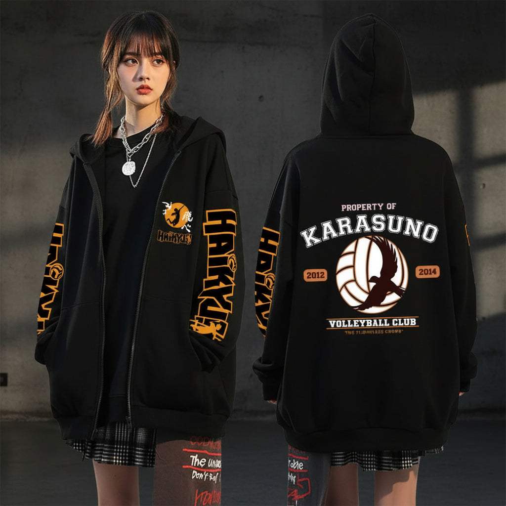 🏐 Haikyuu!! Karasuno High School Zip-Up Hoodie – Unisex Anime Streetwear FitiqueFit