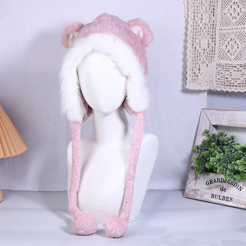 Cute Furry Fox Fur Bear Ear Hat Looks Small Two-piece Hood Scarf Set Autumn And Winter Cycling Warm And Versatile Ear Protection 