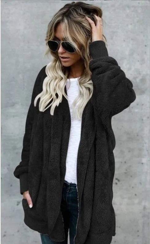 Autumn Winter Double Fleece Cardigan Jacket Women Solid Color Long Sleeve Plush Warm Hooded Lady Jacket Oversized Outerwear Coat 