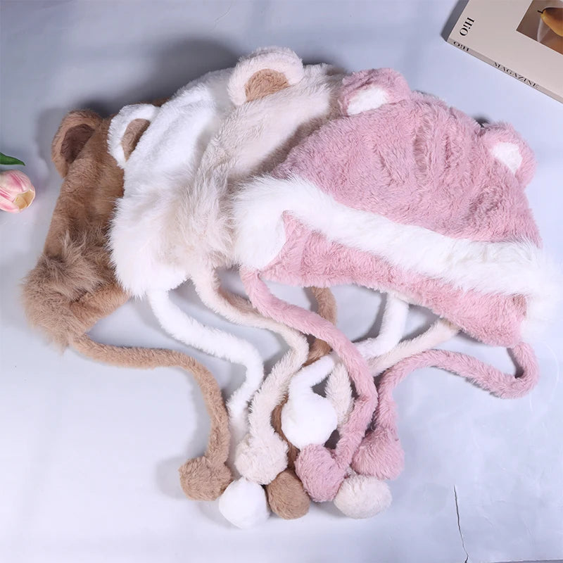 Cute Furry Fox Fur Bear Ear Hat Looks Small Two-piece Hood Scarf Set Autumn And Winter Cycling Warm And Versatile Ear Protection 