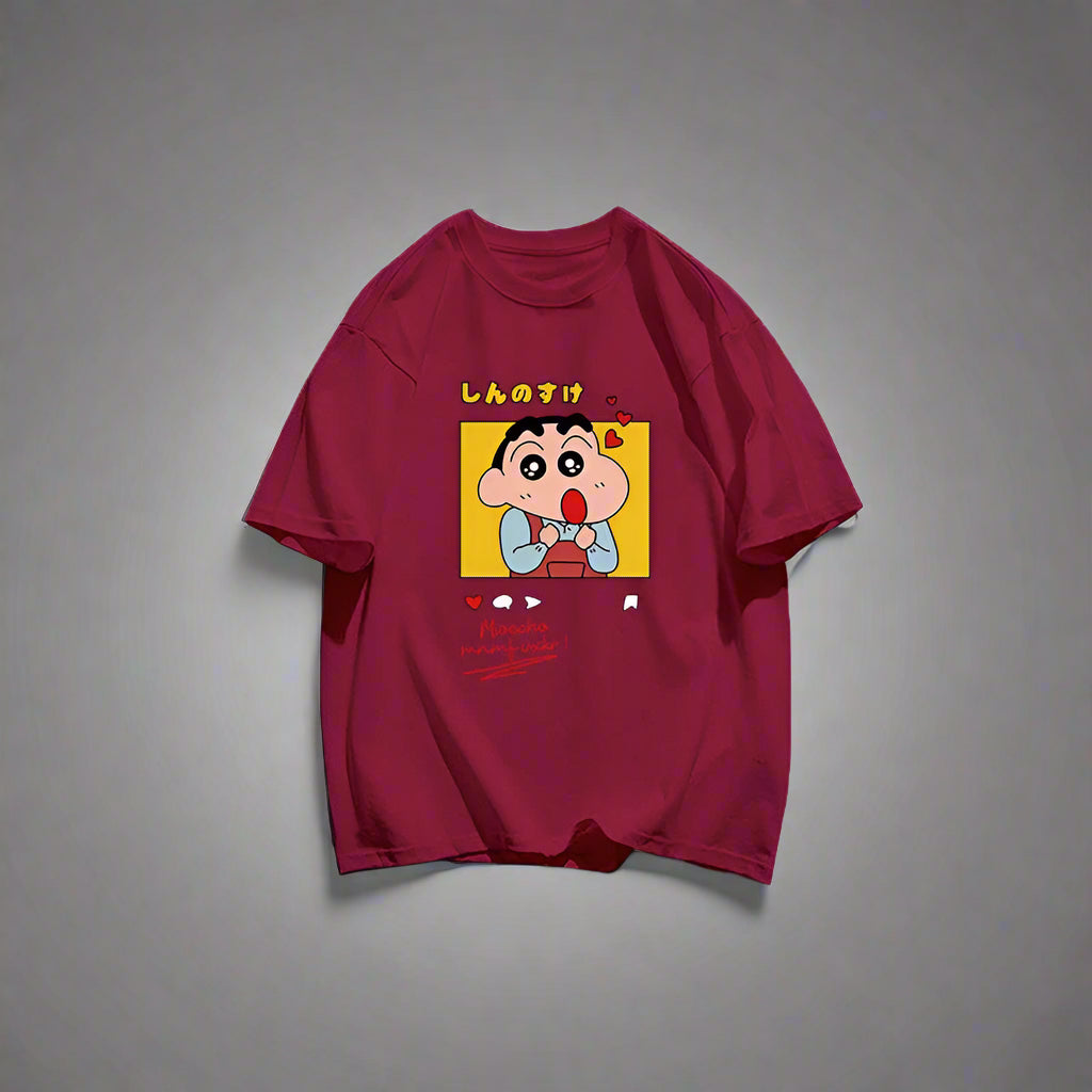 Crayo.n Shin Chan Sees His Beloved Woman Tee Clothing Cotton Fitting T Shirt Anime Shoulder Drop T-Shirt Outdoor Pleasure Tops FitiqueFit
