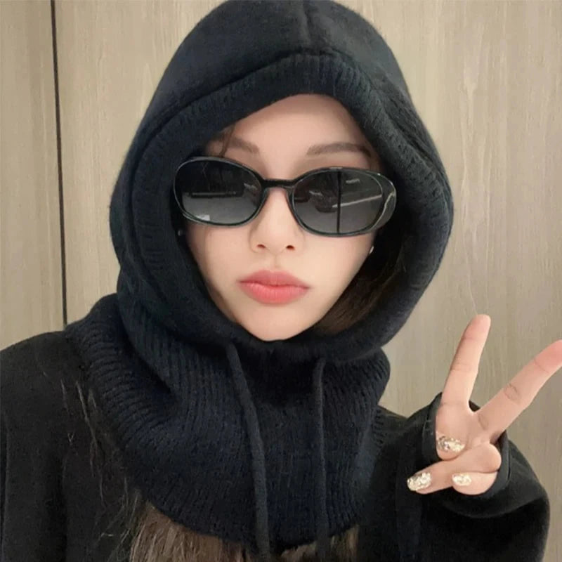 Knitted Hooded Caps Winter Balaclava Hats Women Korean Style Outdoor Warmer Drawstring Hats One-piece Neck Collar Beanies Cap FitiqueFit