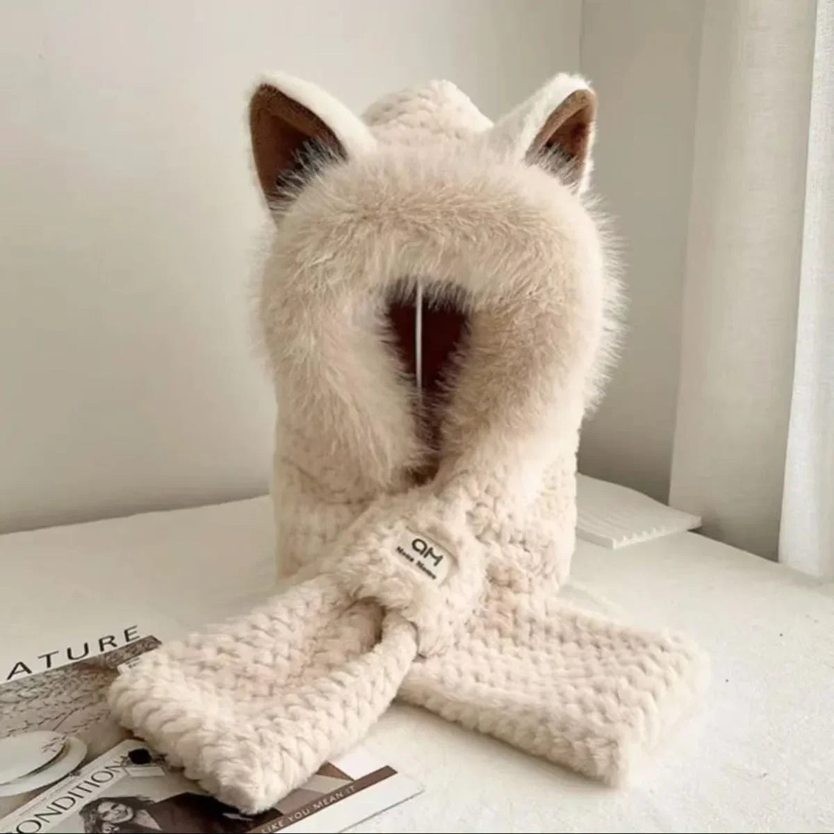 Korean Knitted Cute Fox Ear Design Integrated Bean Hat Women's Scarf Hat Warm Thick Ear Protection Photography Travel Party Gift 