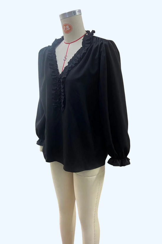 Women's V-Neck Ruffle-Hem Cropped-Sleeve Woven Top 