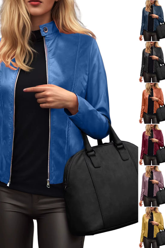 Faux Leather Jacket Women 2025 Autumn Spring Women's Moto Biker Jacket Stand Collar Zipper Solid Pu Slim Fit Street Leather Coat FitiqueFit
