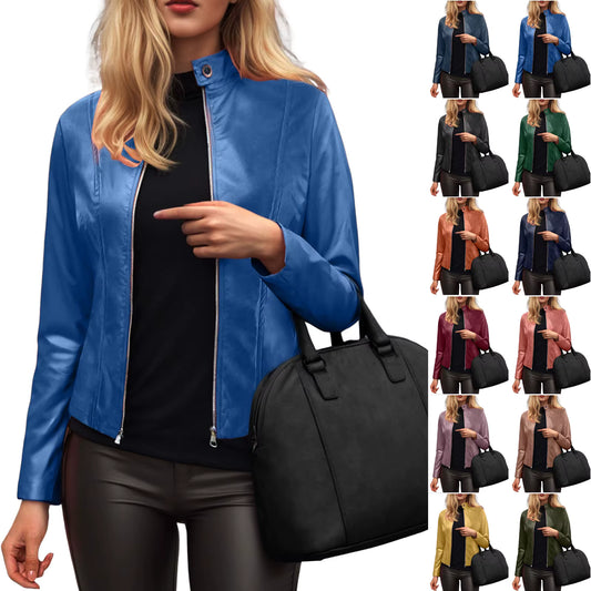 Faux Leather Jacket Women 2025 Autumn Spring Women's Moto Biker Jacket Stand Collar Zipper Solid Pu Slim Fit Street Leather Coat FitiqueFit