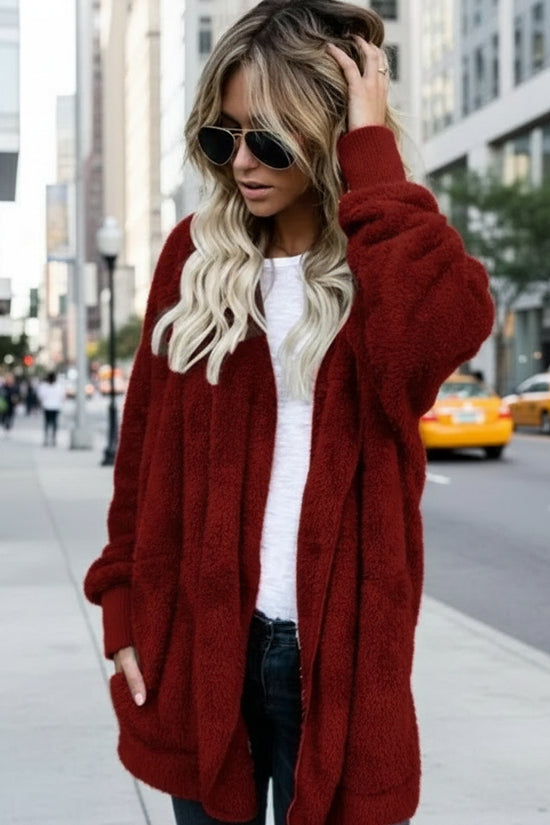 Autumn Winter Double Fleece Cardigan Jacket Women Solid Color Long Sleeve Plush Warm Hooded Lady Jacket Oversized Outerwear Coat 