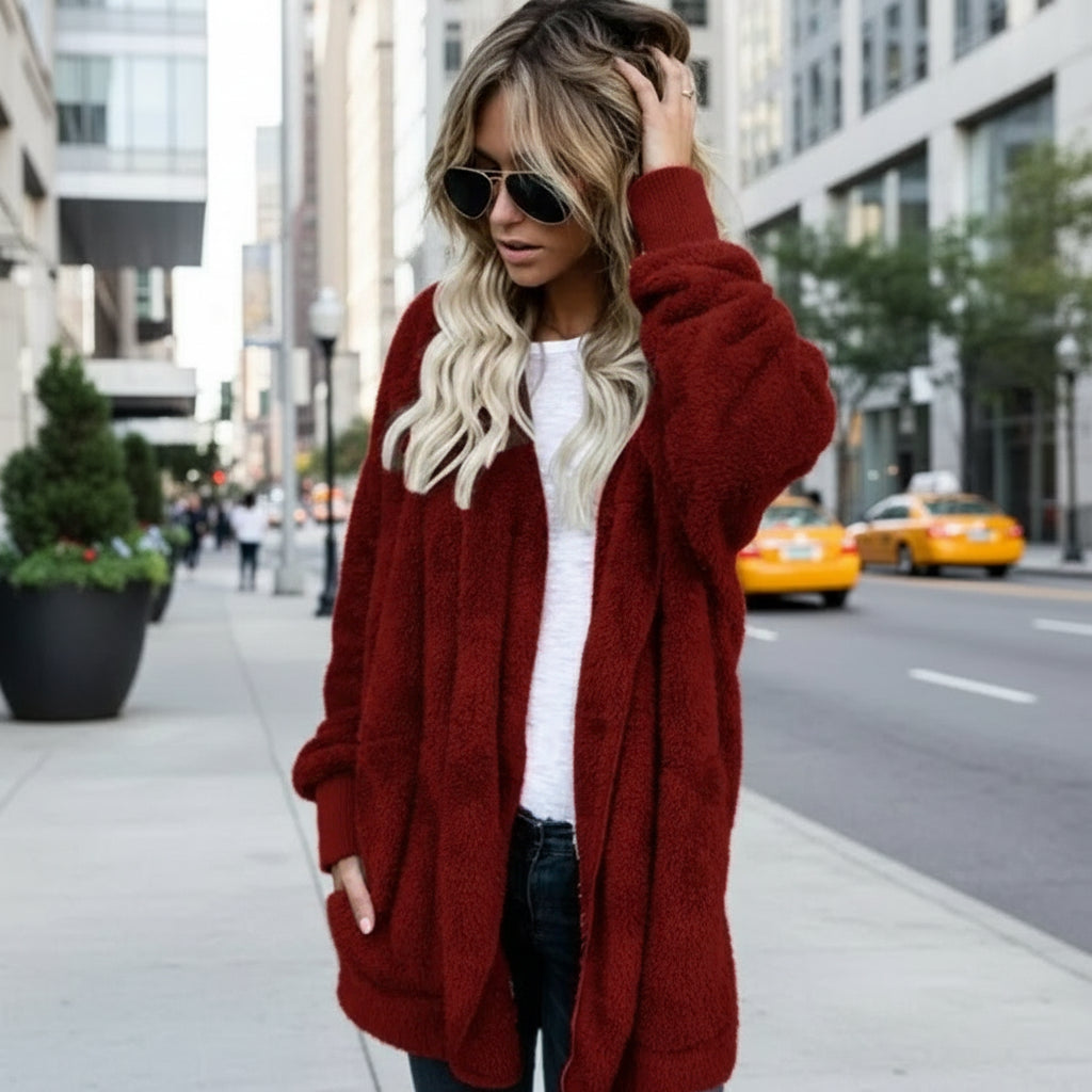 Autumn Winter Double Fleece Cardigan Jacket Women Solid Color Long Sleeve Plush Warm Hooded Lady Jacket Oversized Outerwear Coat 