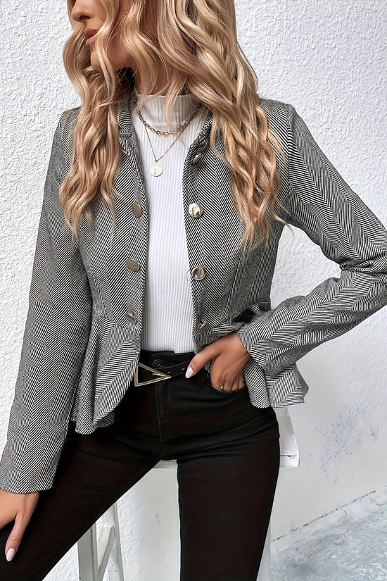 Plus Size Solid Color Peplum Jacket, Casual Button Front Long Sleeve Outerwear, Women's Plus Size Clothing 