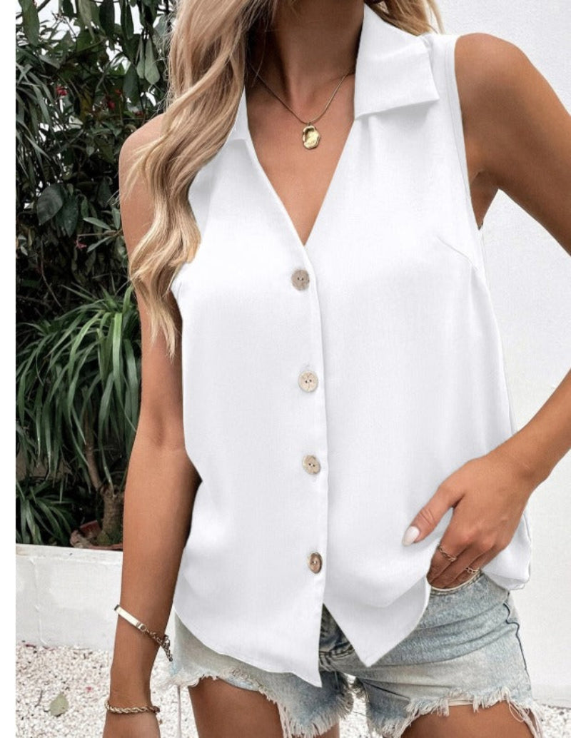 Women's Solid-Color Sleeveless Loose Vest Top – Button Detail 