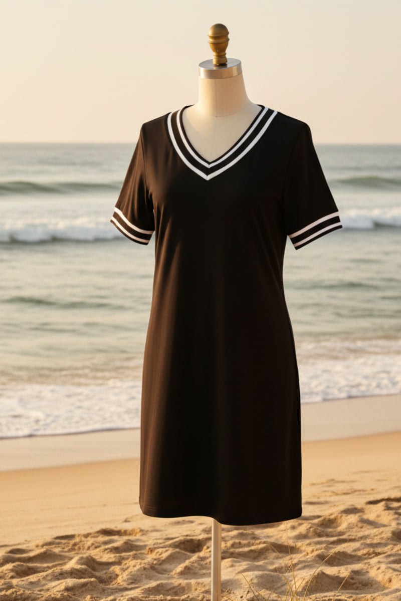 Women's Contrast-Color V-Neck A-Line Dress – Short Sleeve, Elegant, Mid-Rise 