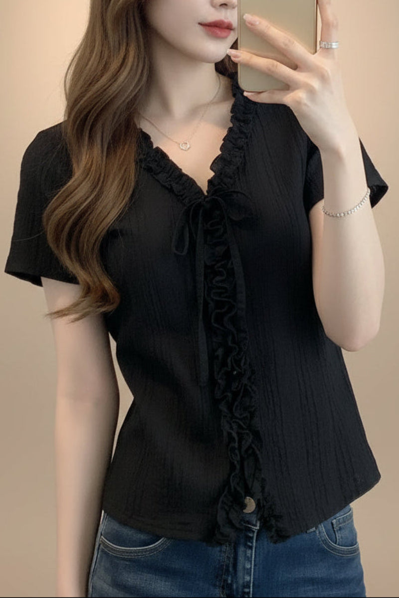V-Neck Ruffle Sleeve Solid Color Top | Asymmetric Linen Blend 