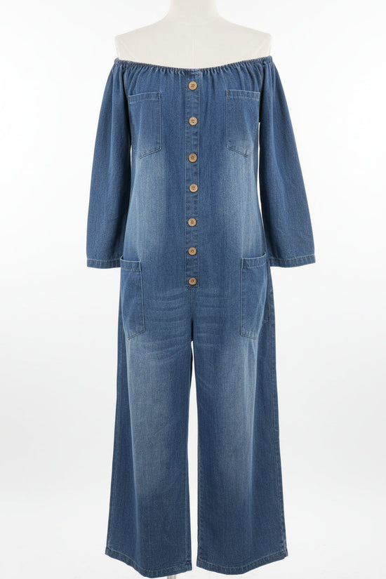 Women's Off-Shoulder Washed Faux Denim Strap Overalls Jumpsuit 