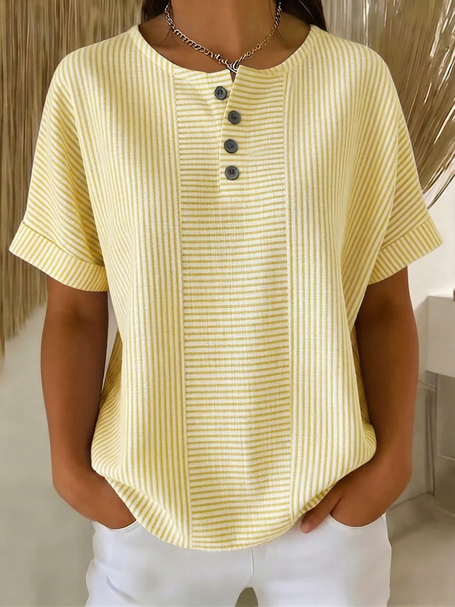 Casual Solid Color V-Neck Buttoned Striped Cotton-Linen T-Shirt 