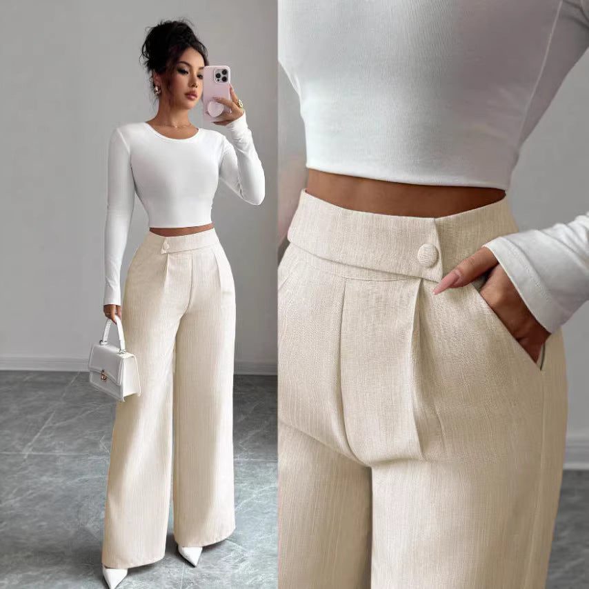 Womens Solid-color Casual All-match Long Pants With A Waist Panel Seam 