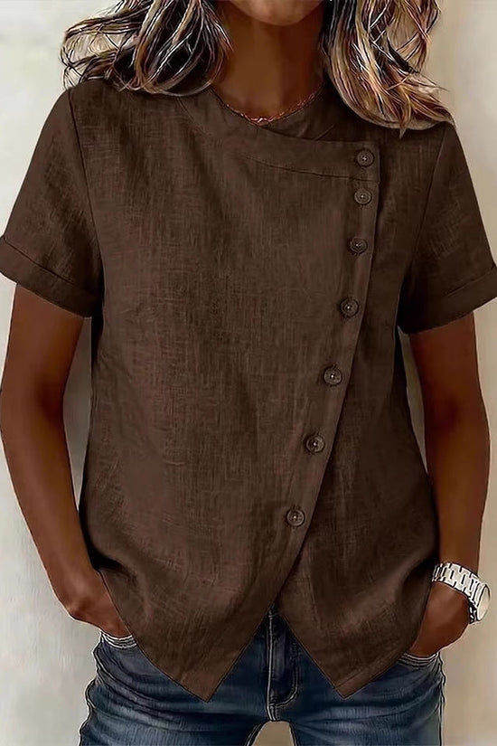 New Solid-Color Cross-Neckline Short-Sleeve Loose Cotton-Linen Asymmetrical Top 