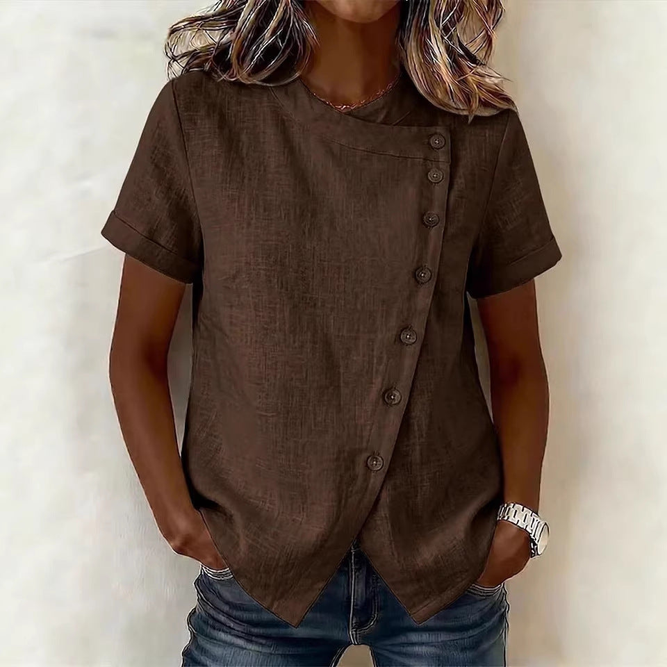 New Solid-Color Cross-Neckline Short-Sleeve Loose Cotton-Linen Asymmetrical Top 