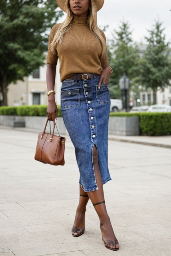 2025 SpringSummer New Women's Elastic Denim Large Size Medium Long Skirt, Casual Blue Large Size Denim Skirt, Split Denim Dress CJ US