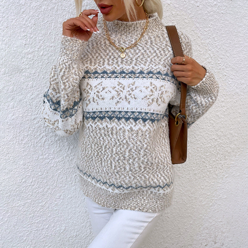Winter Snowflake Sweater Fashion Half Turtleneck Pullover Knitted Tops Women's Christmas Clothing 